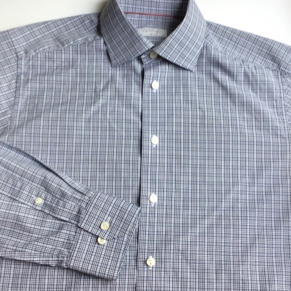 ETON  contemporary grey & blue checkered cotton shirt Sz 15.5 /39 made in Europe